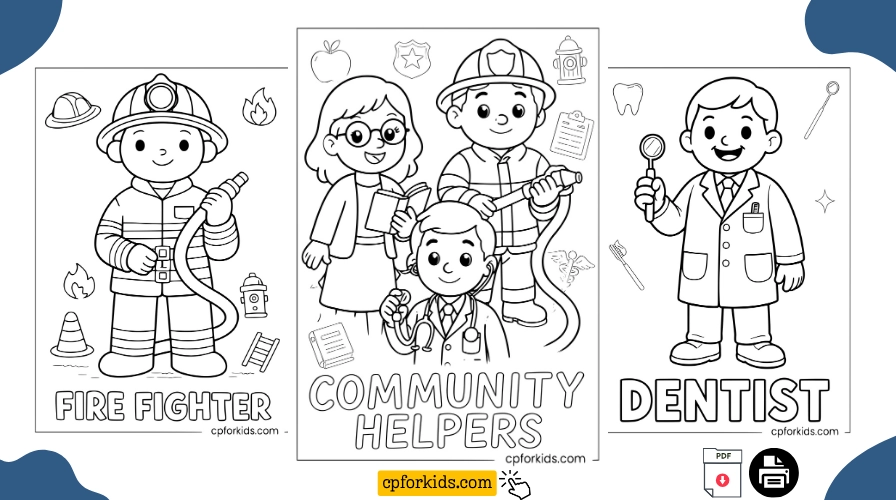 Community helpers coloring pages preview with police officer, firefighter, doctor, and teacher each filling a page with job title below