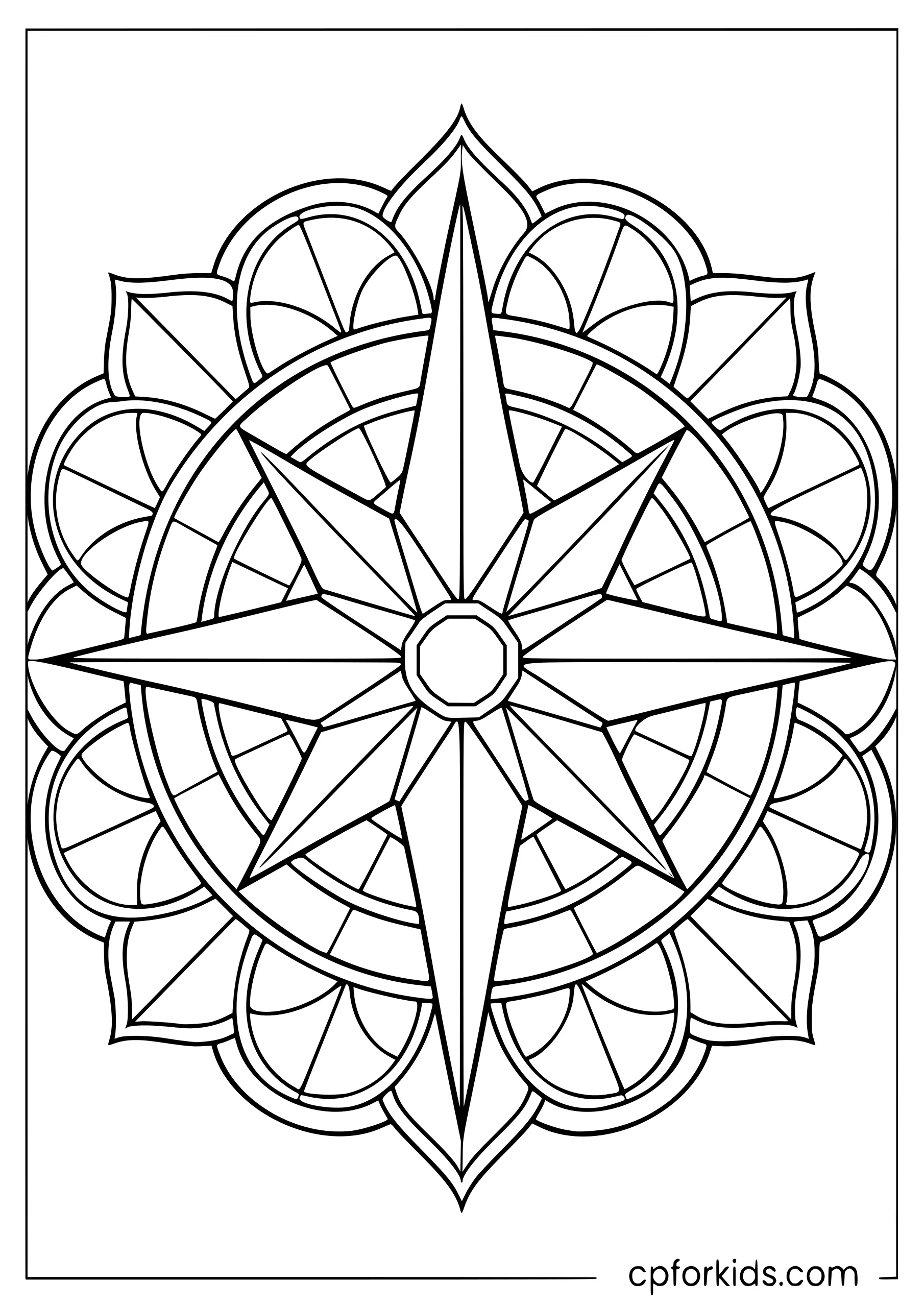 Eight-point compass rose inside layered geometric shapes