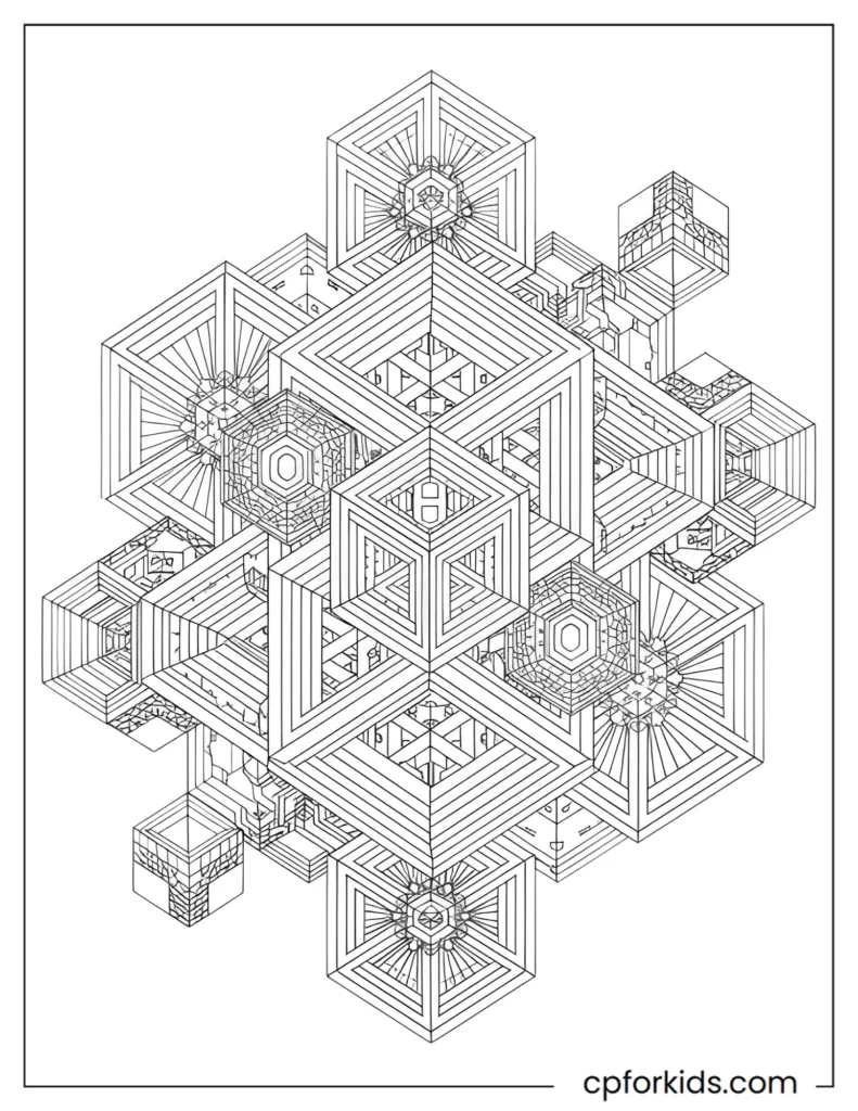 Complex Geometric Coloring Pages Complex geometric coloring page featuring three-dimensional cubes and spheres arranged in an optical illusion style.