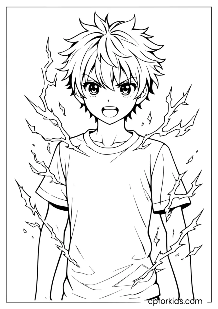 Cool anime boy with spiky hair and electric sparks coloring sheet
