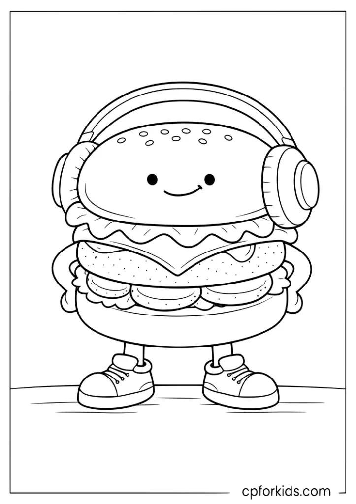 Cool burger wearing headphones coloring page