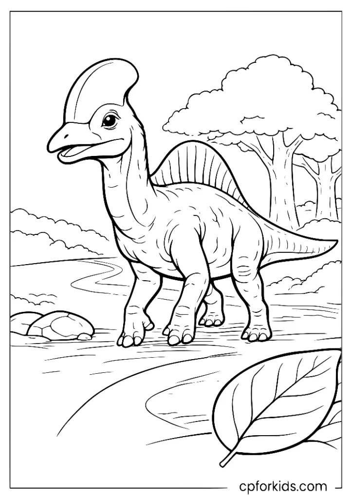 Corythosaurus outside a forest dinosaur coloring page for kids