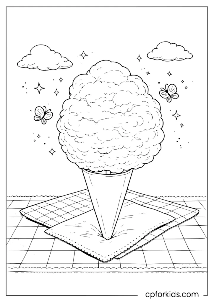 Fluffy cotton candy on a cone with sparkles to color