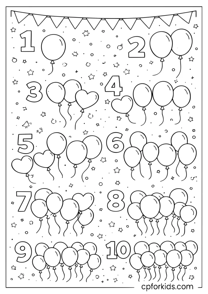 Count 1 to 10 balloons coloring page with balloon groups in numbered sections for kids