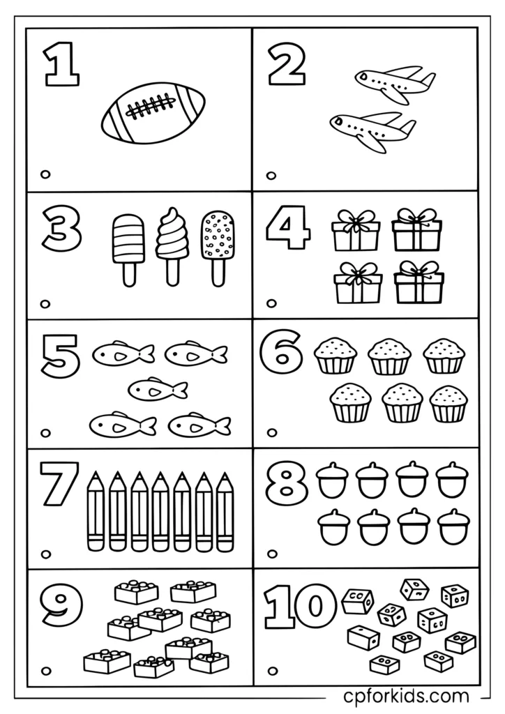 Count 1 to 10 mixed objects coloring page with numbered groups from one to twenty for kids