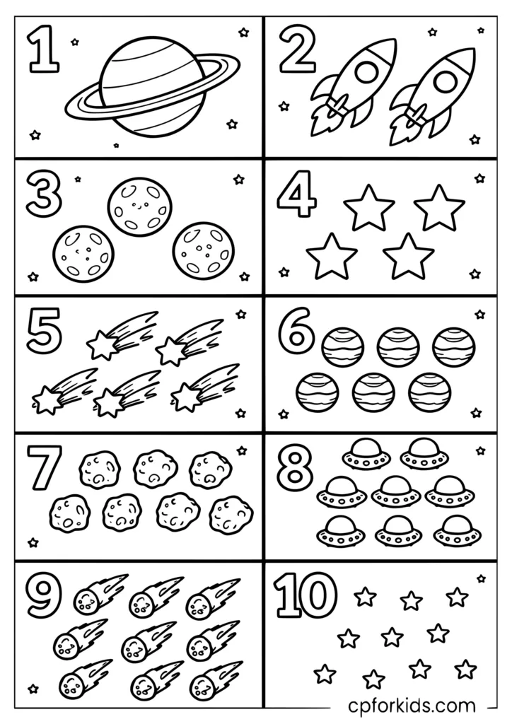 Count 1 to 10 space objects coloring page with planets stars rockets and moons for kids