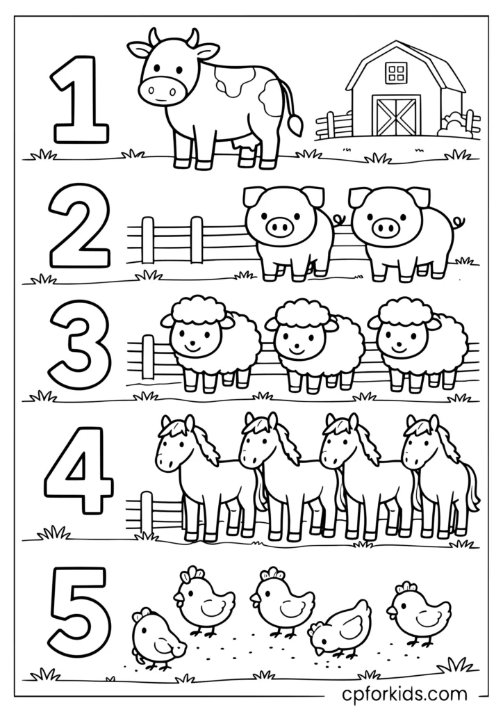 Count 1 to 5 farm animals coloring page with cow pig sheep horse and chicken for preschoolers