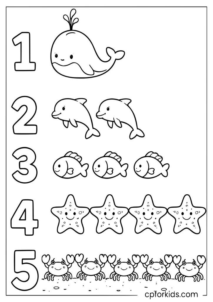 Count 1 to 5 ocean creatures coloring page with fish crabs and starfish for kids