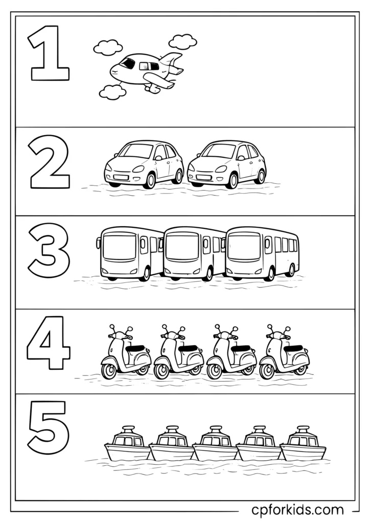 Count 1 to 5vehicles coloring page with cars trucks bikes and more in numbered groups