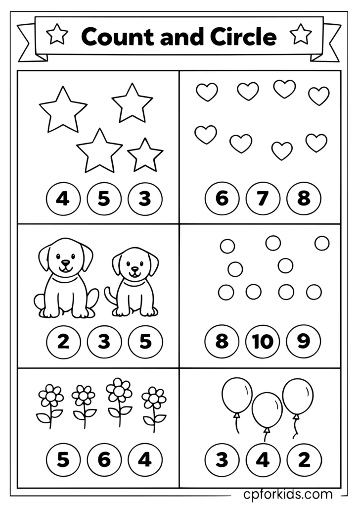 Count and circle the number coloring page with object groups and number choices for kids