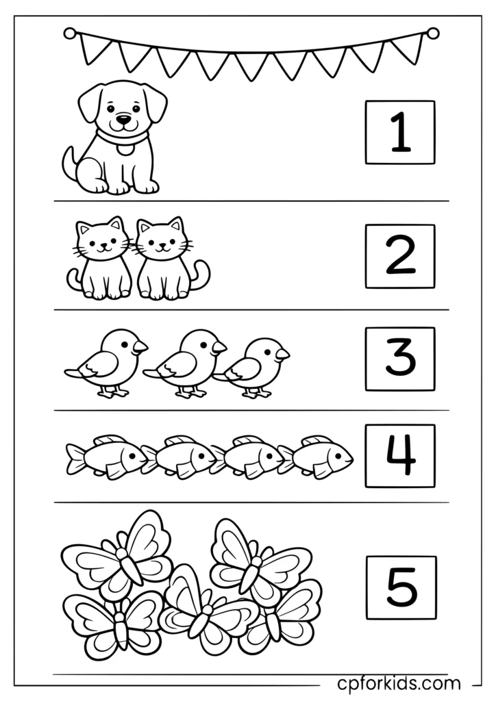 Count and color animals coloring page with groups of animals and number boxes for kids