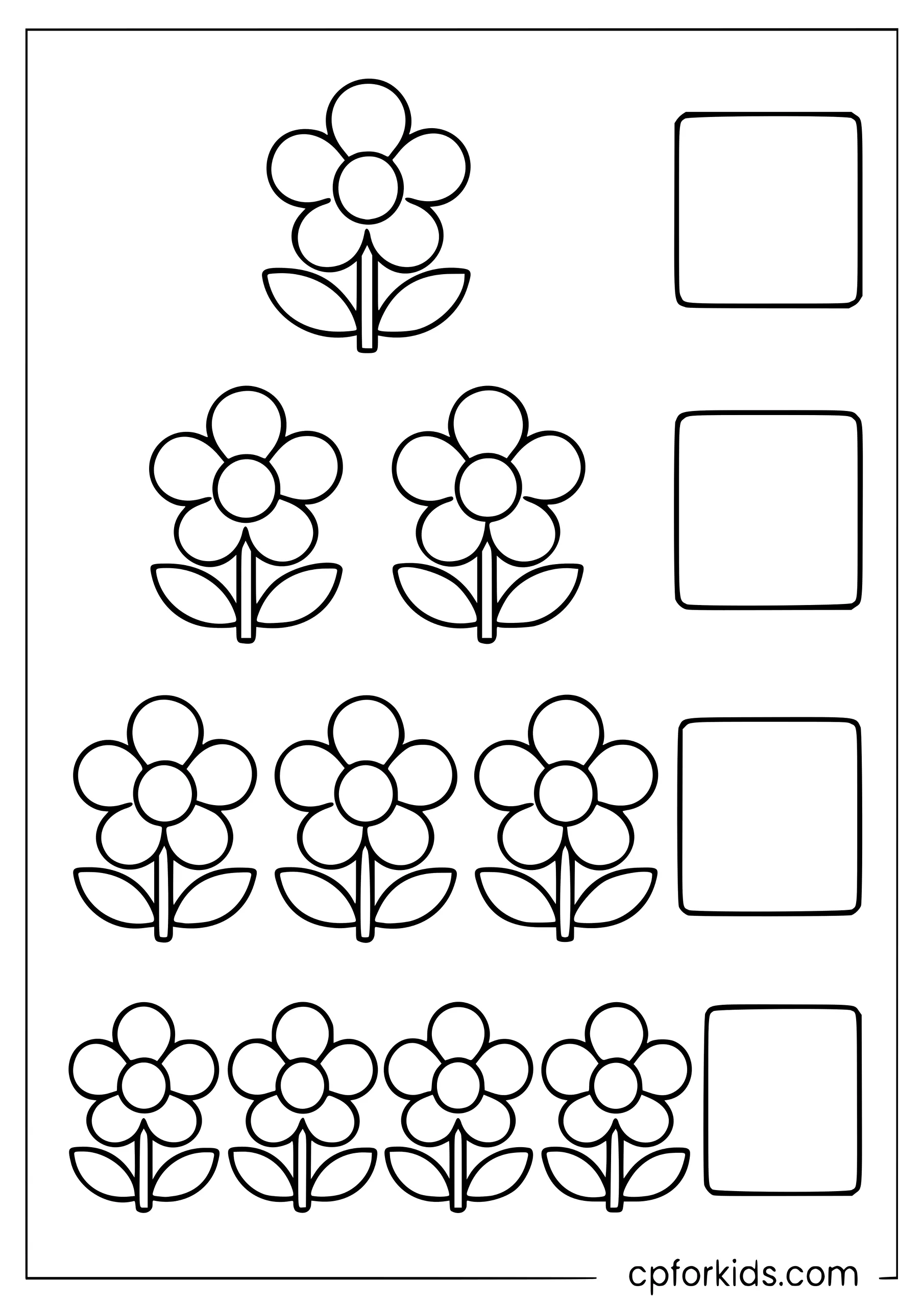 Four flower rows with blank counting answer boxes