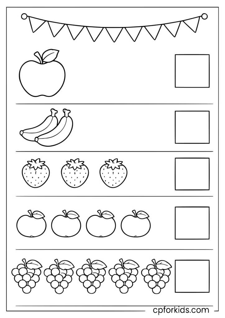 Count and color fruits coloring page with number boxes for kids