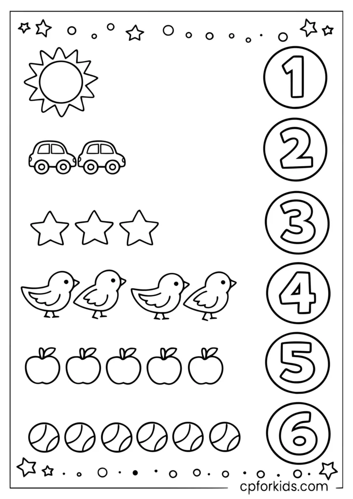 Count and match objects to numbers coloring page for kids