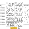 Counting coloring pages preview with a number worksheet, space objects count 1 to 10, and a dot-to-dot rocket activity