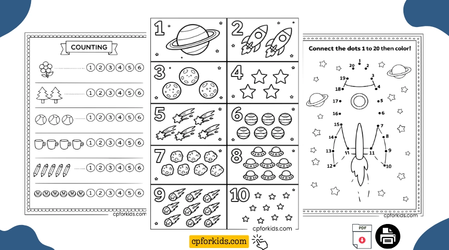 Counting coloring pages preview with a number worksheet, space objects count 1 to 10, and a dot-to-dot rocket activity
