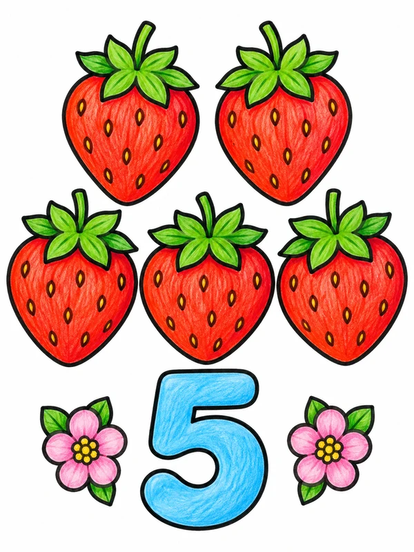 Five red strawberries above a blue number five