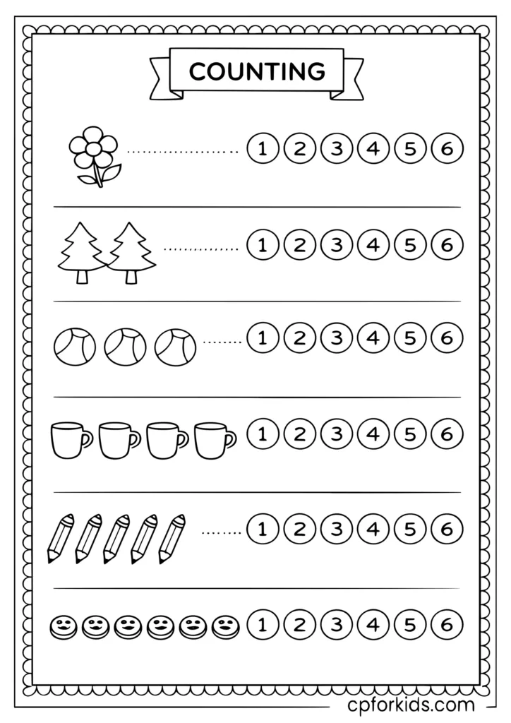 Counting worksheet printable coloring page with objects and number lines