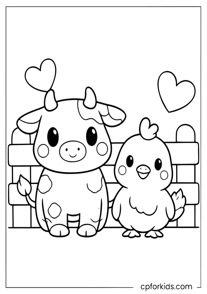 Cow and chicken coloring pages showing a cute cow and a happy chicken standing together on a farm