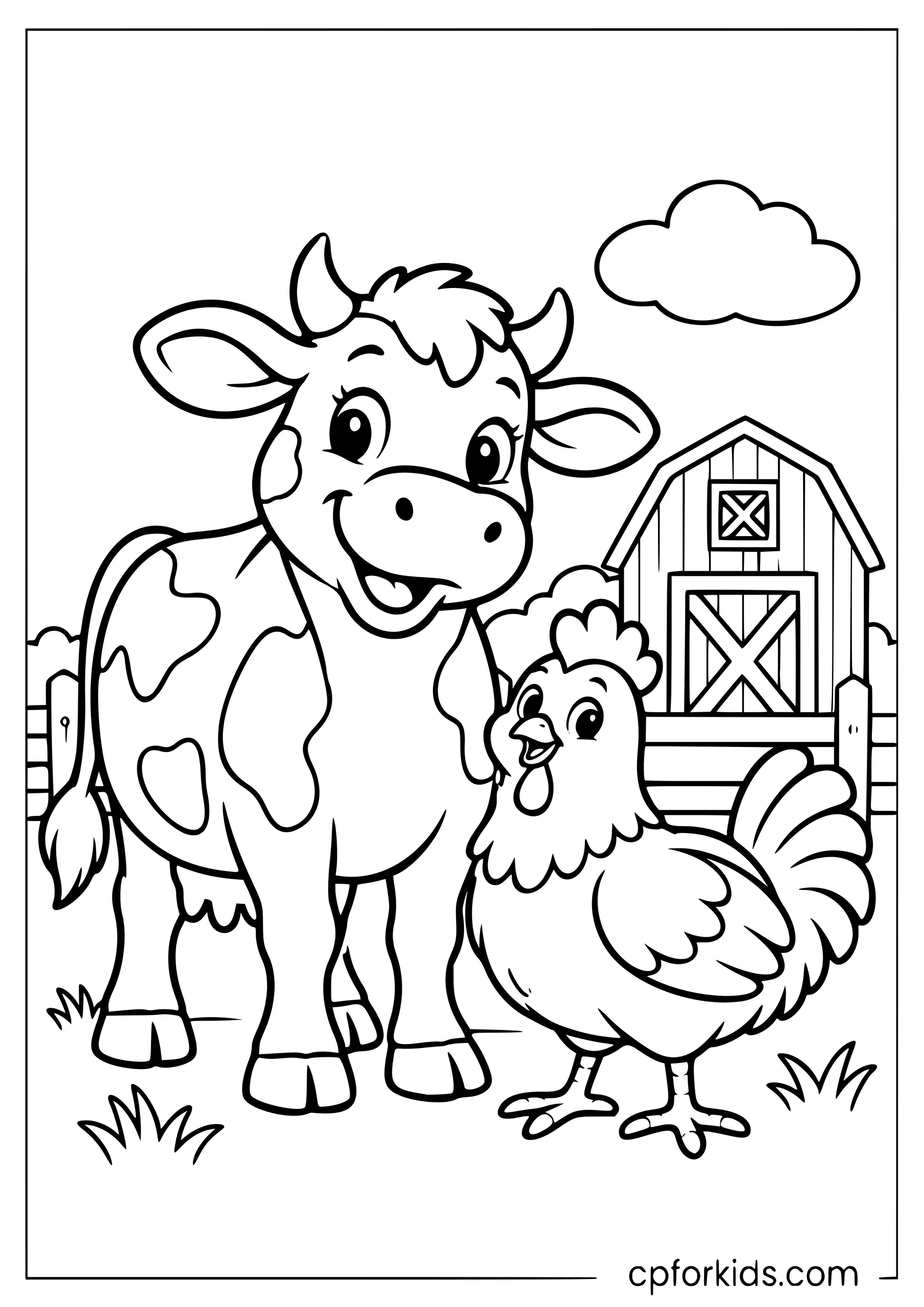 Cow and chicken standing beside a barn