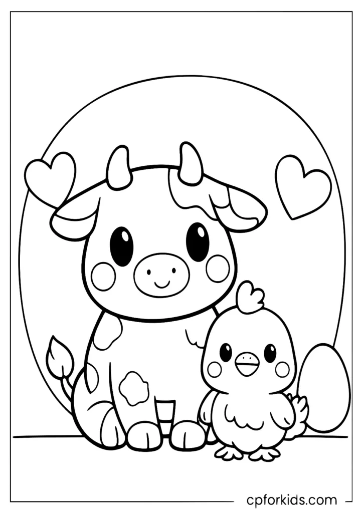 Cow and chicken pictures for kids printable with thick outlines and simple farm details