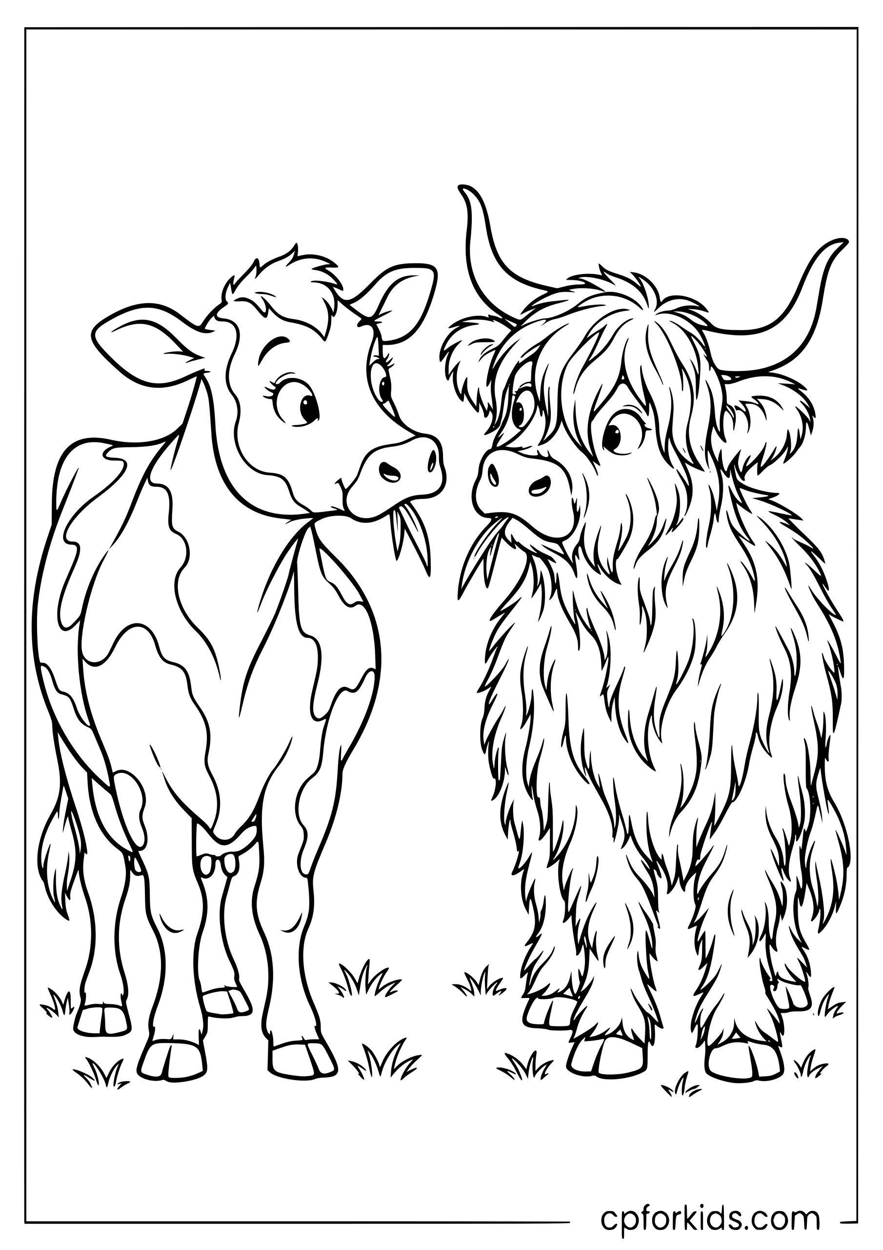 Dairy cow and shaggy Highland cow facing each other