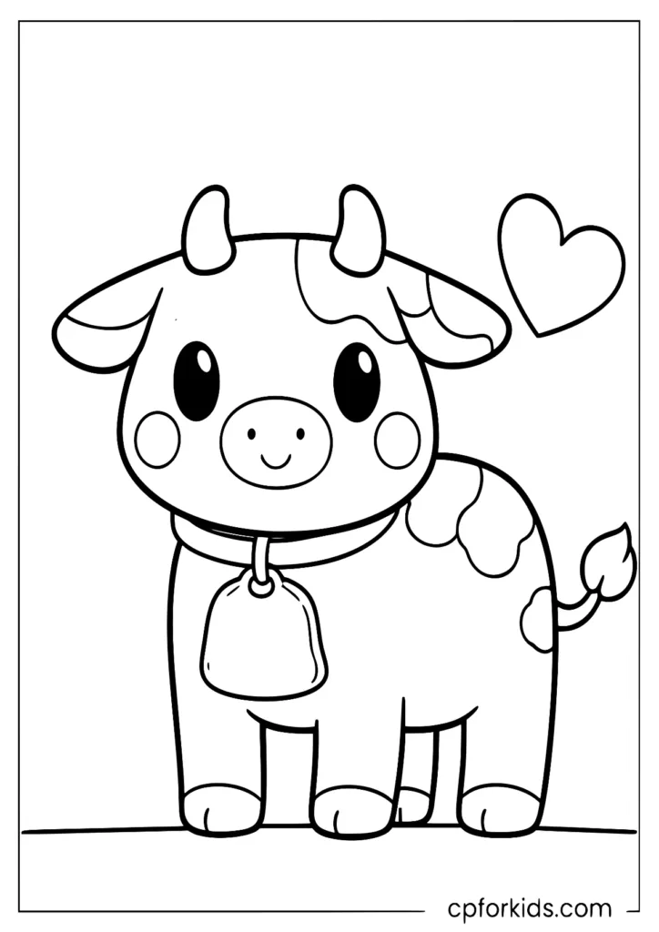 Cow coloring sheet printable featuring a cute full-body cow with thick outlines