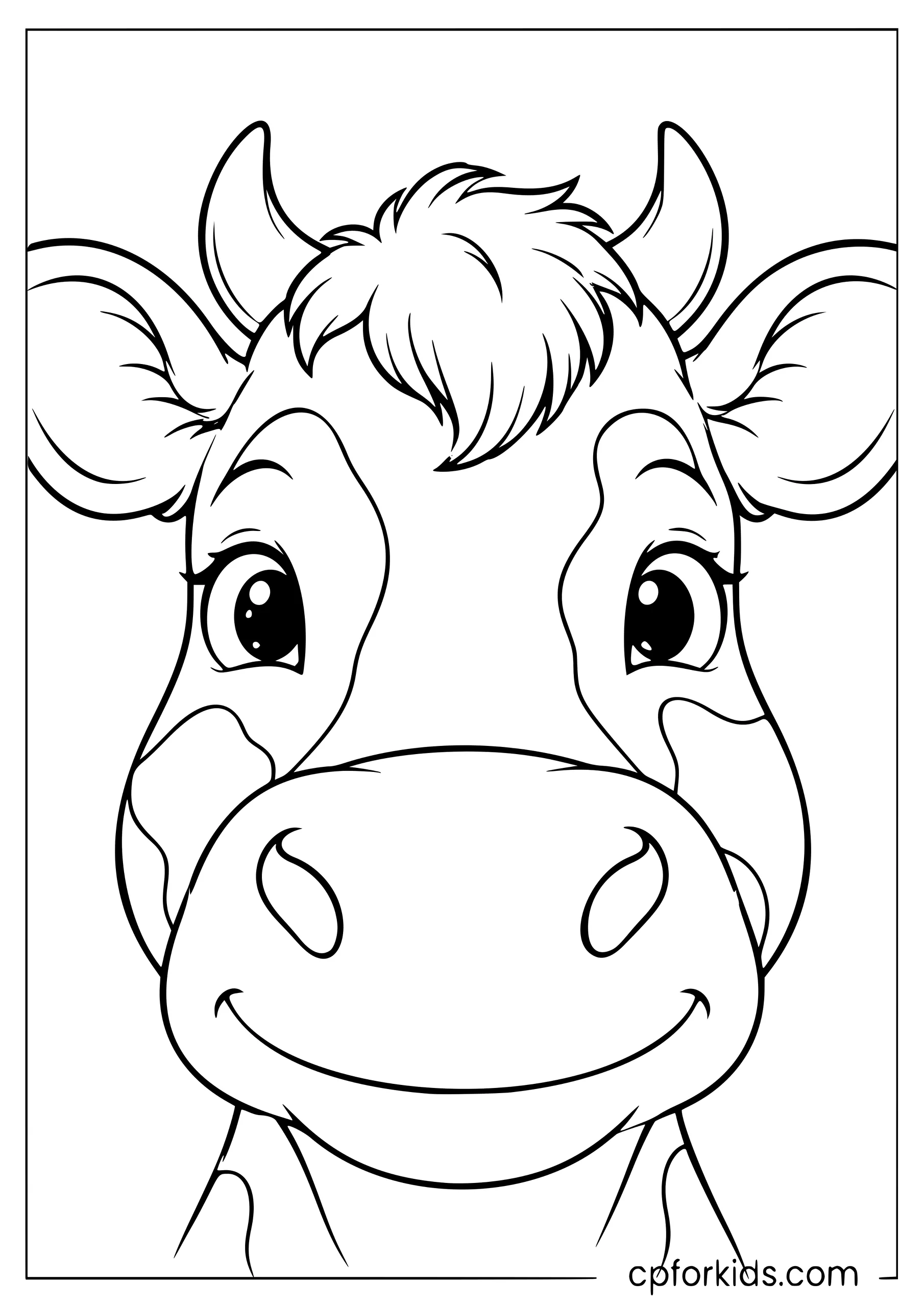 Friendly cow face with big eyes and fluffy forelock