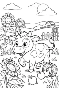 Cute cow exploring a cozy sunflower farm