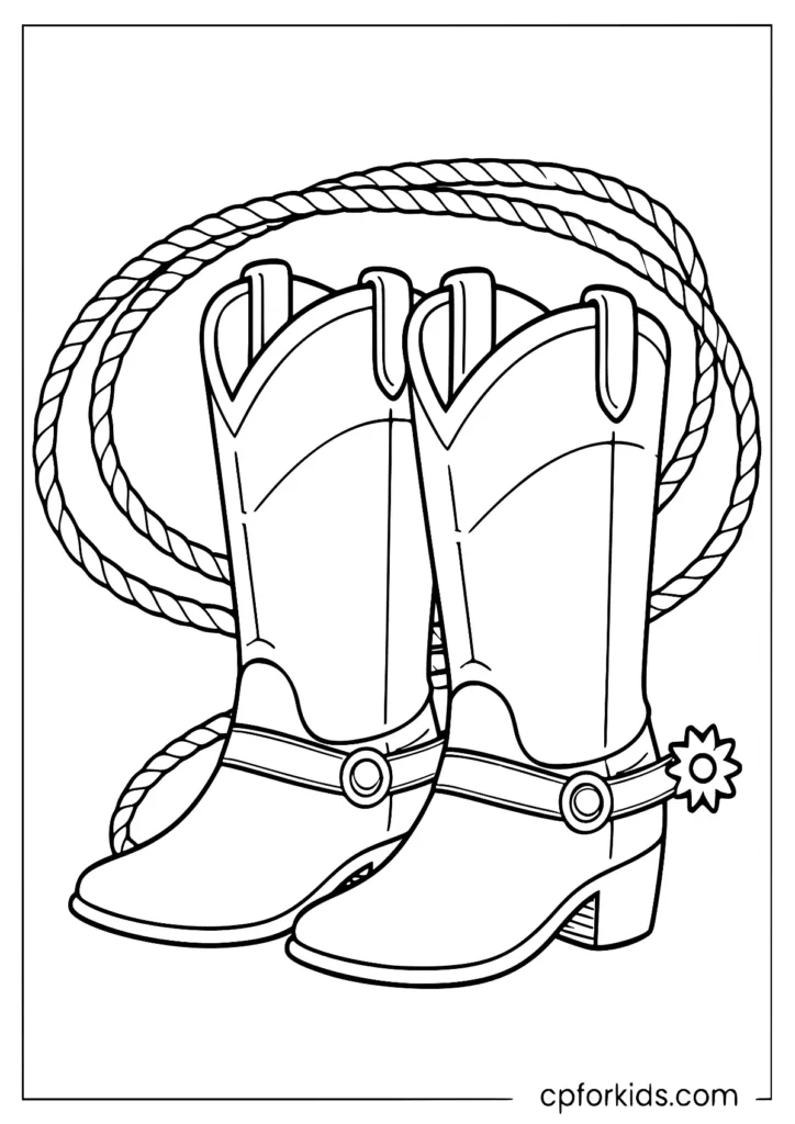 Western cowgirl boots with spurs coloring page in clean bold line art