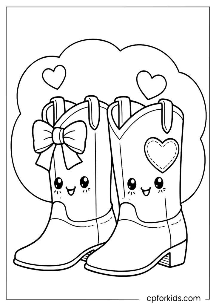 Kawaii cowgirl boots coloring page with a big bow and heart details
