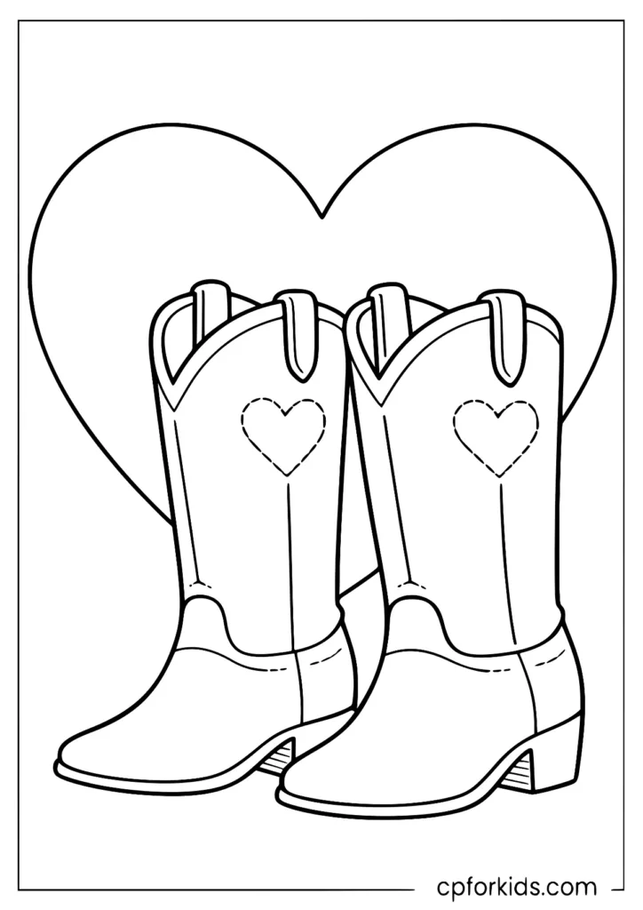 Simple cowgirl boots outline coloring page with big easy shapes for kids