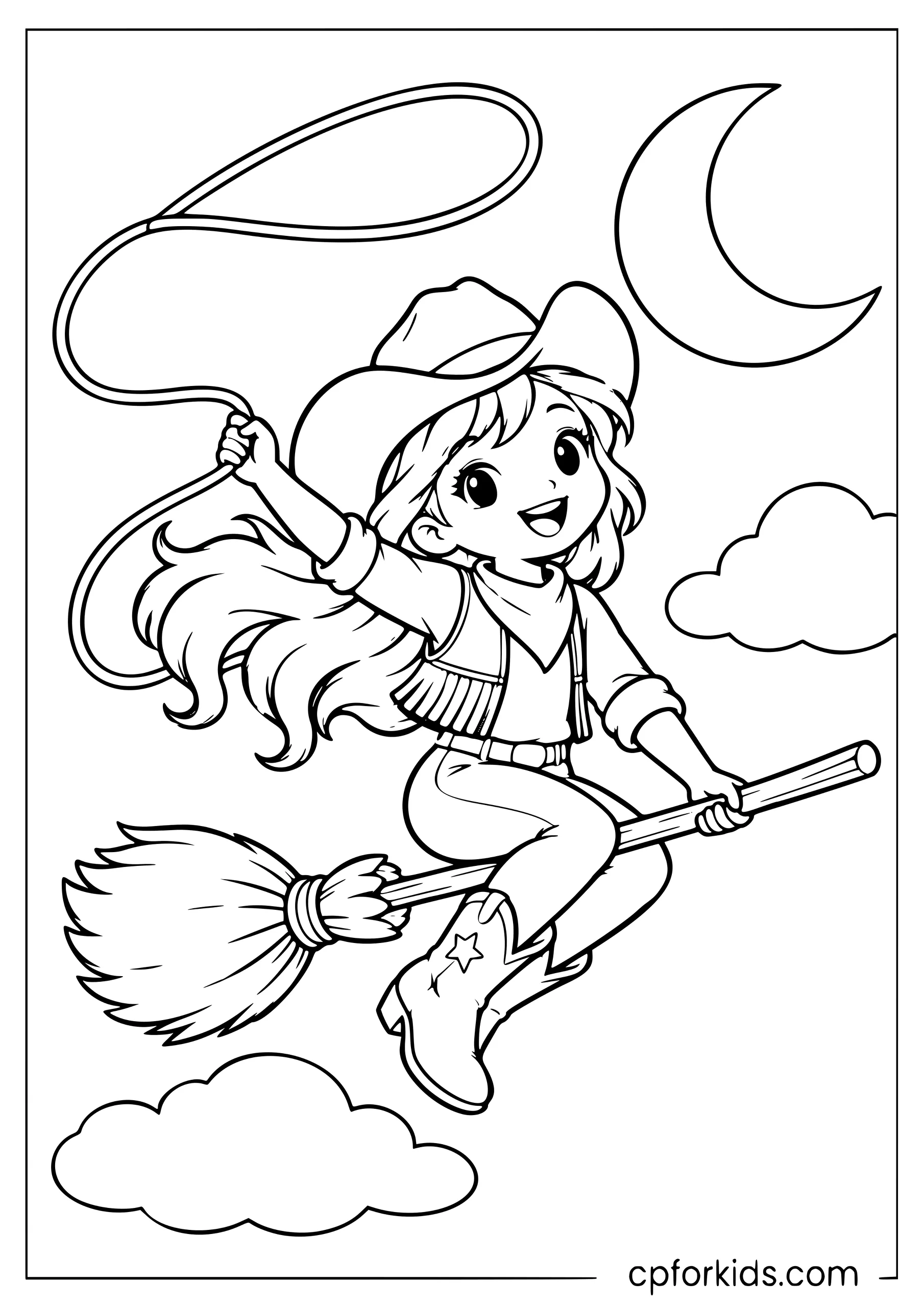 Cowgirl flying on a broomstick with a lasso glowing in moonlight