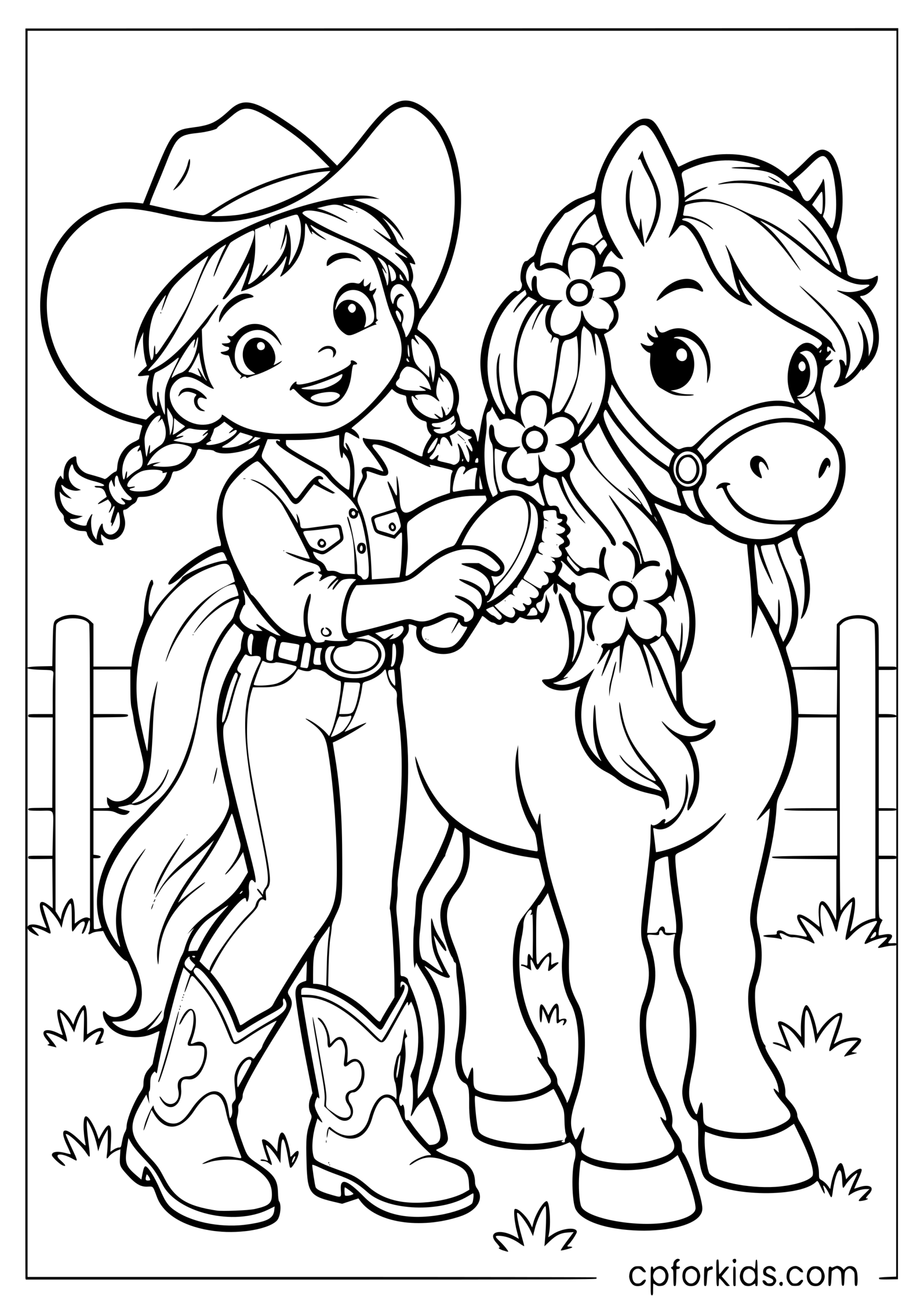 Young cowgirl brushing her pony with flower accessories