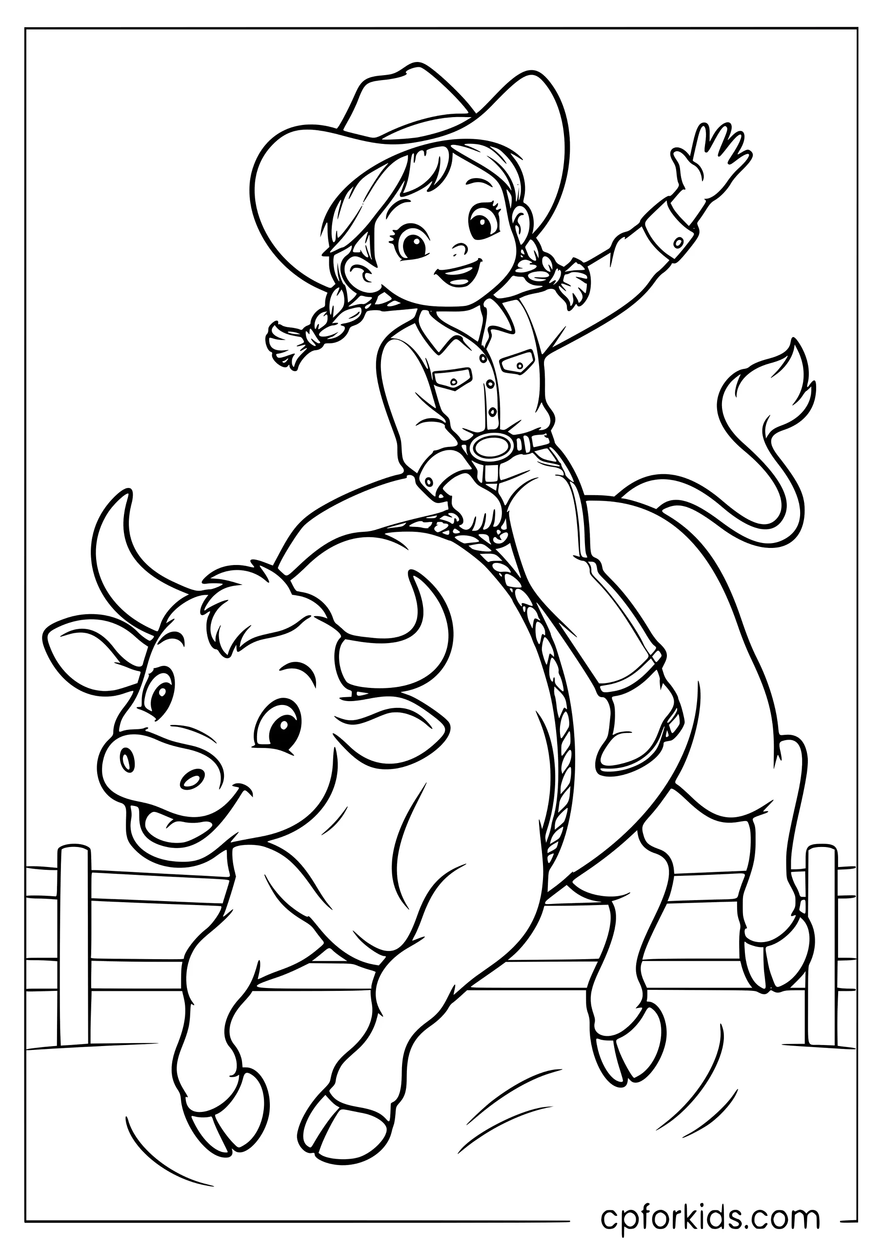 Girl riding a bull at a rodeo in an action pose