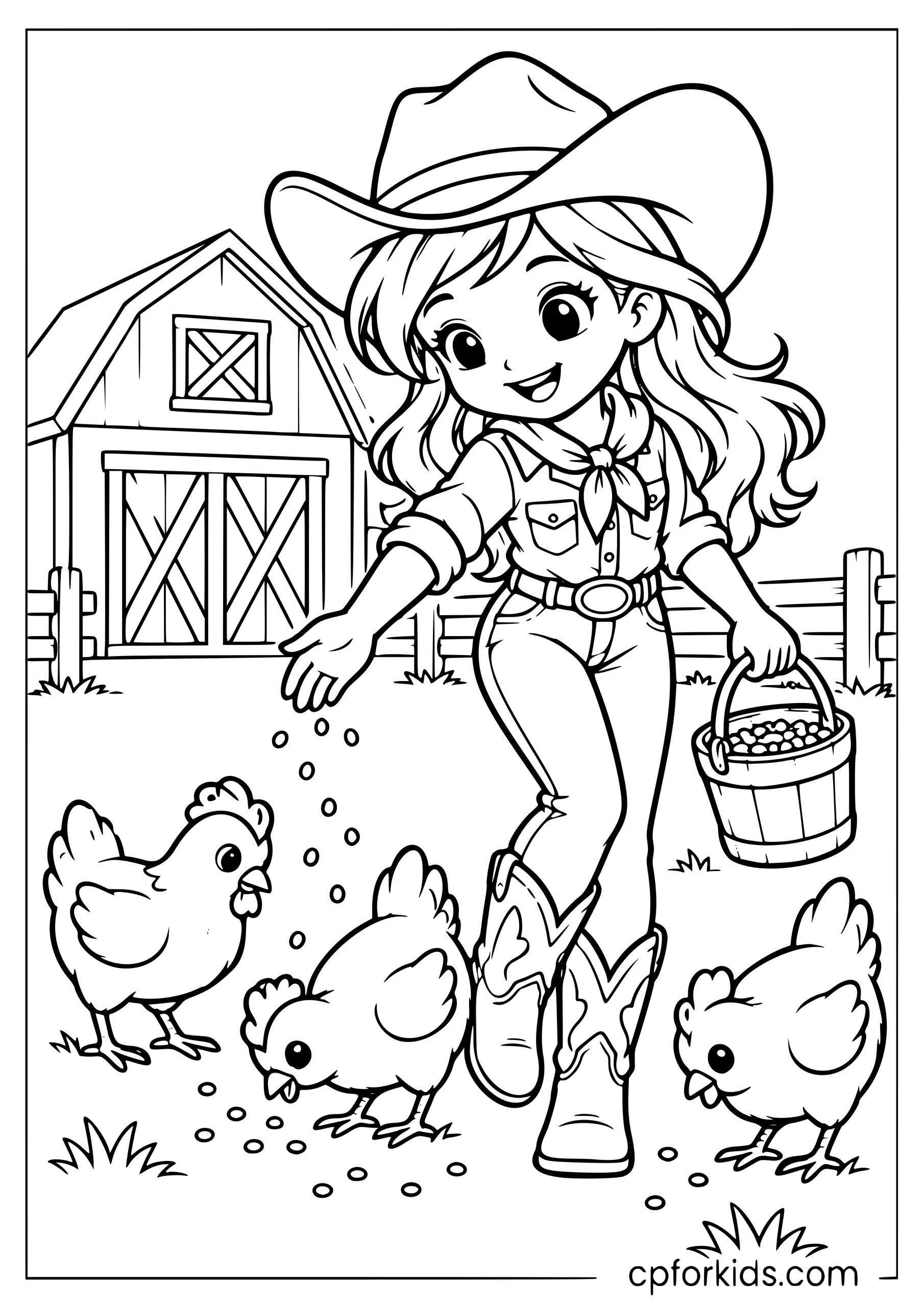 Cowgirl feeding chickens on a farm with a barn in the background