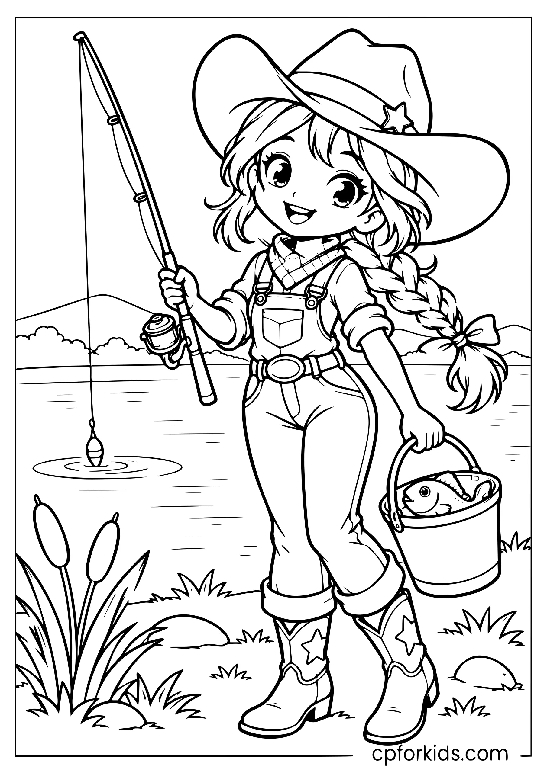 Cowgirl fishing by a small lake holding a bucket of fish