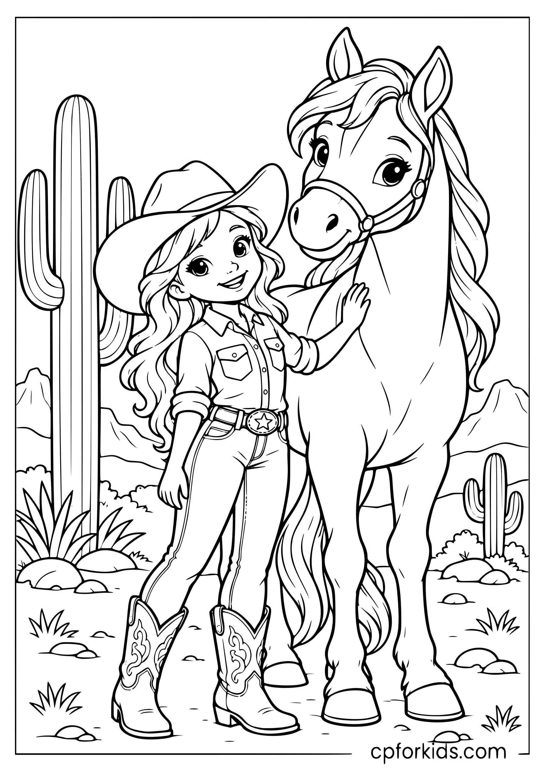 Cowgirl and her horse in the desert with cactus and mountains