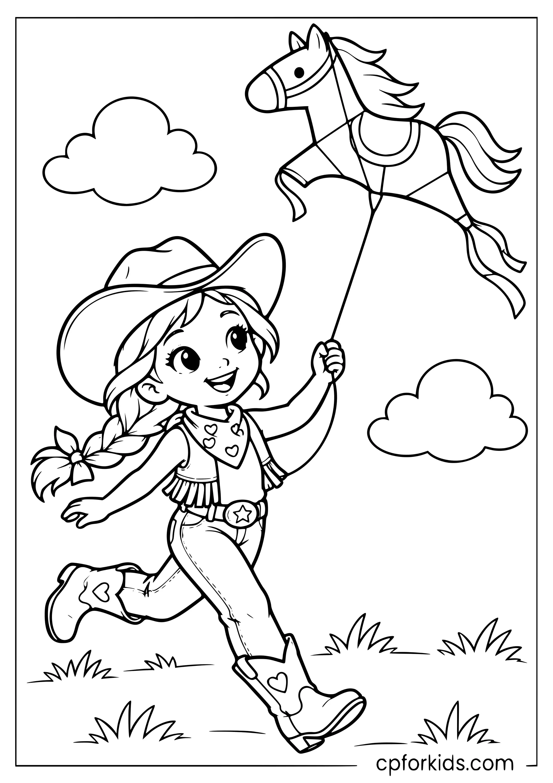 Cowgirl flying a kite shaped like a horse