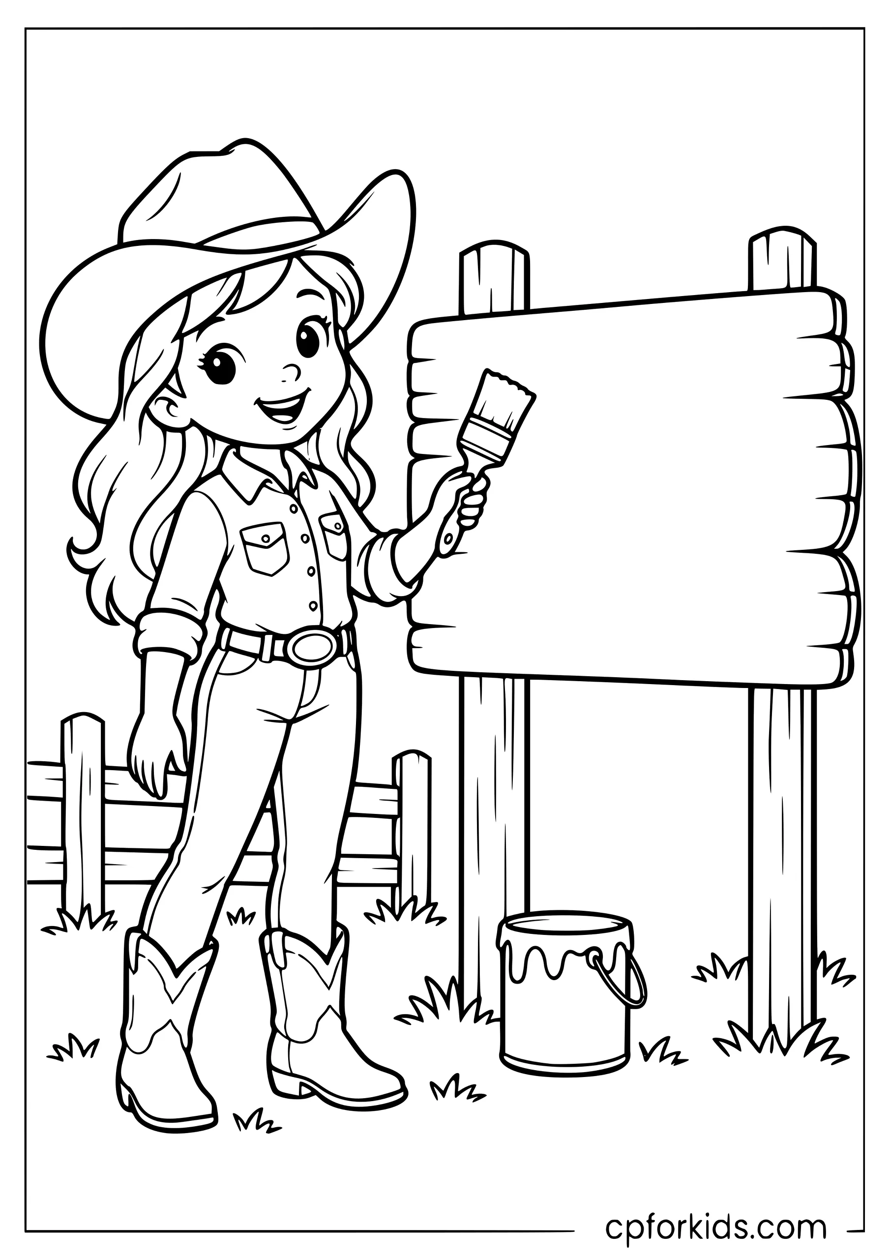 Cowgirl painting a wooden sign at her ranch