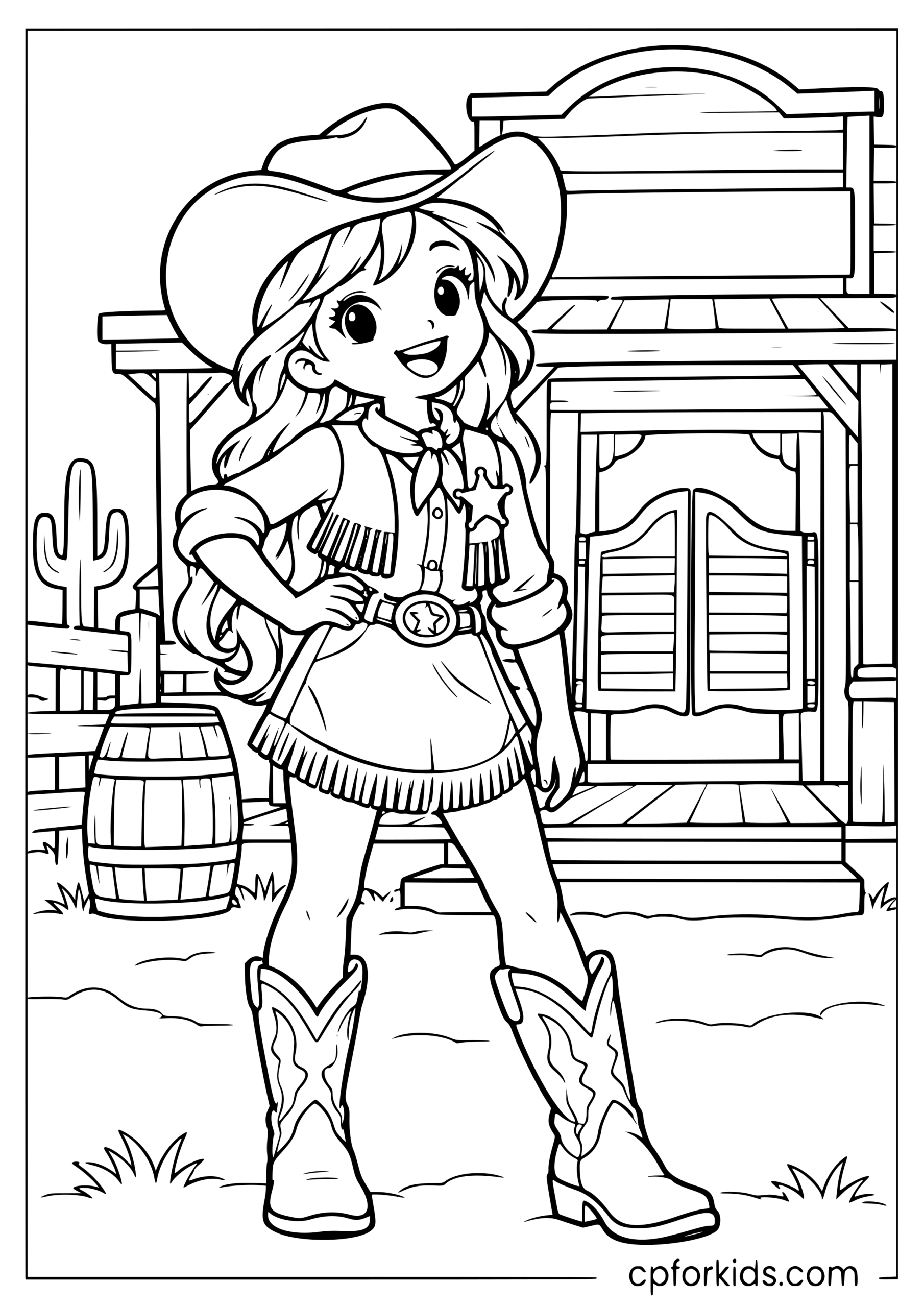 Cowgirl standing proudly with a sheriff badge and saloon background