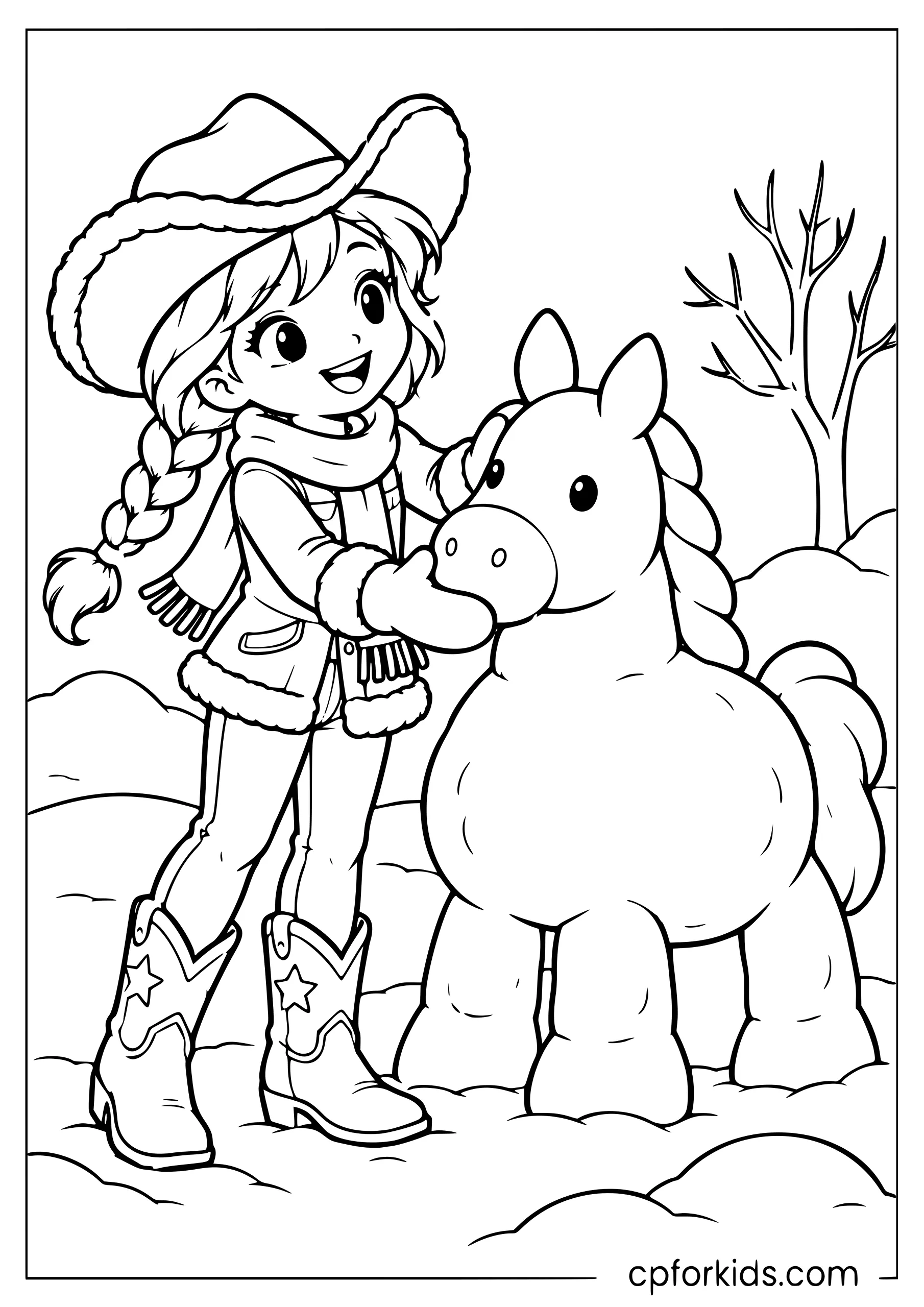 Cowgirl in a winter outfit building a snow horse