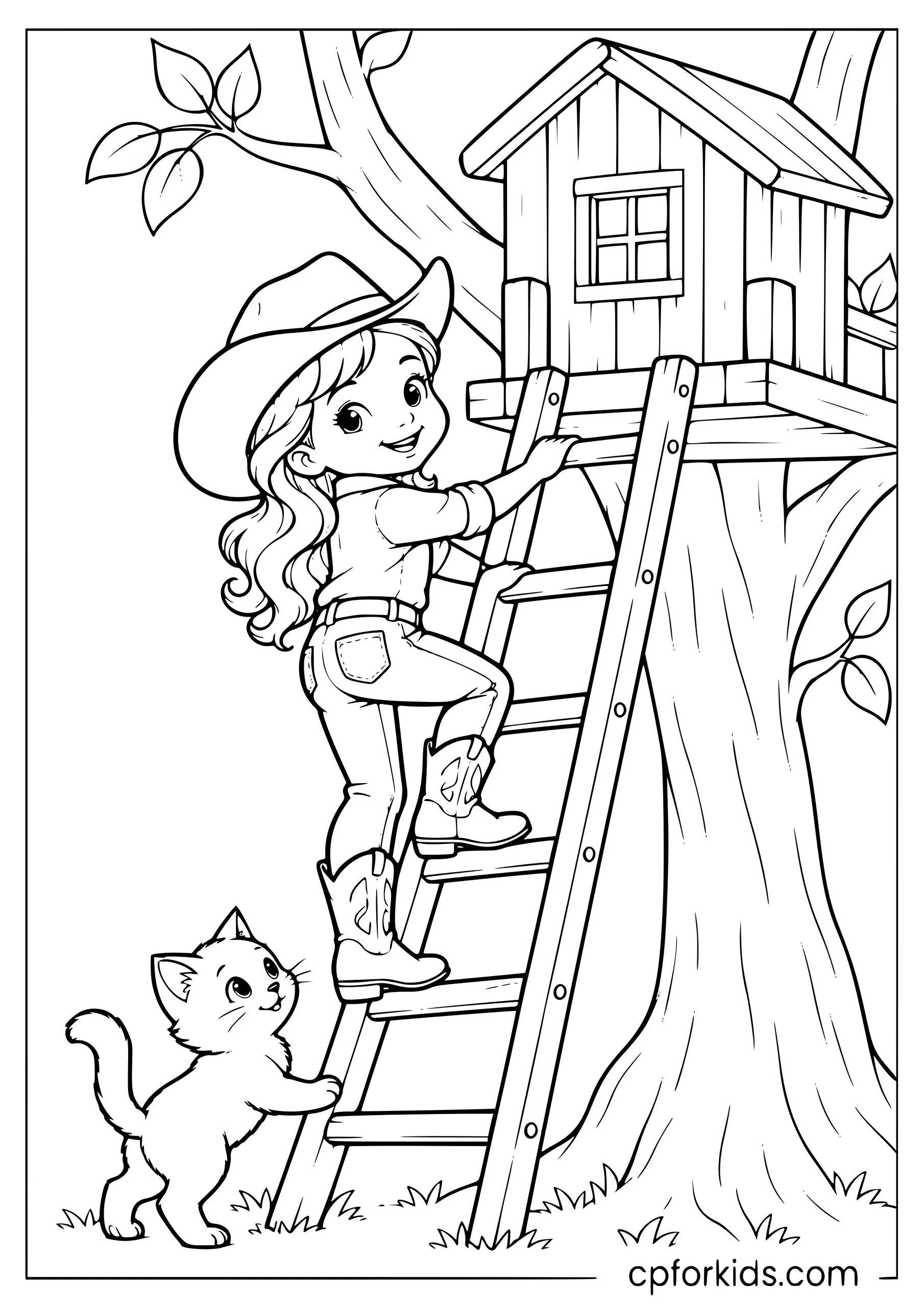 Cowgirl climbing a treehouse with her kitten