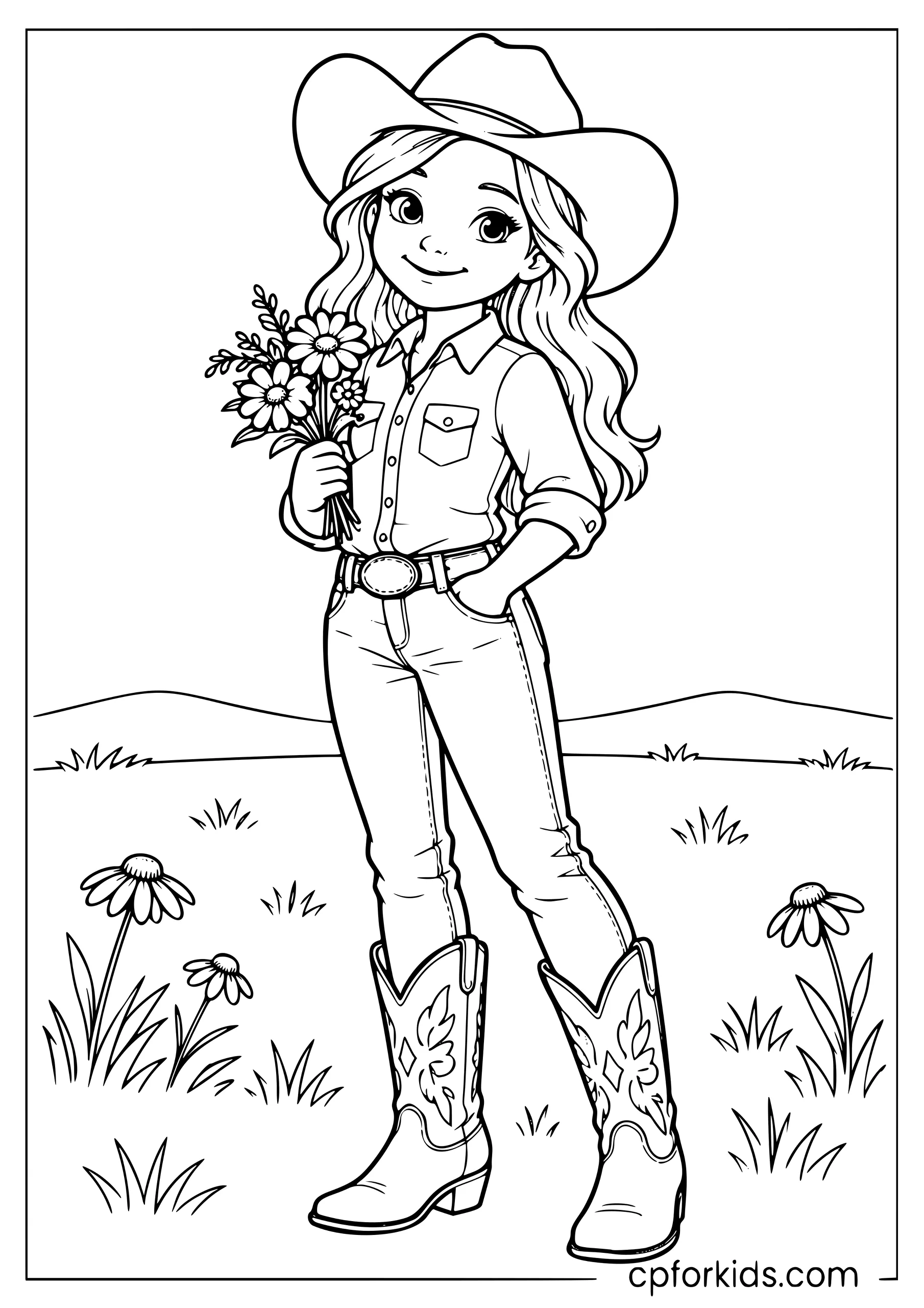 Cowgirl holding a bouquet of wildflowers on the prairie