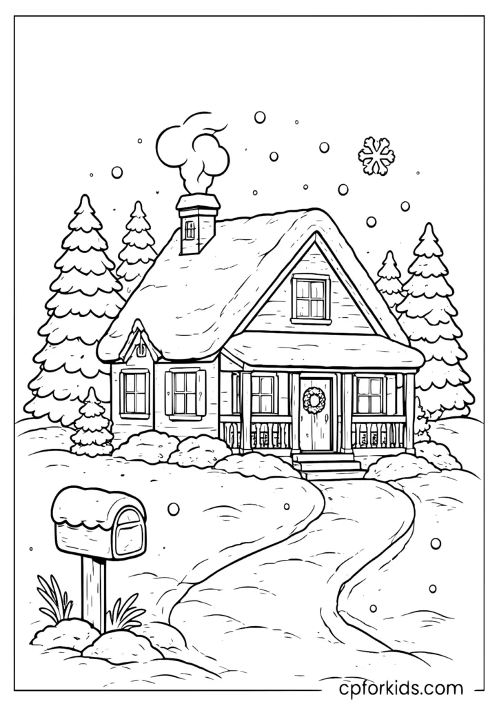 Cozy American winter house with snowfall coloring page