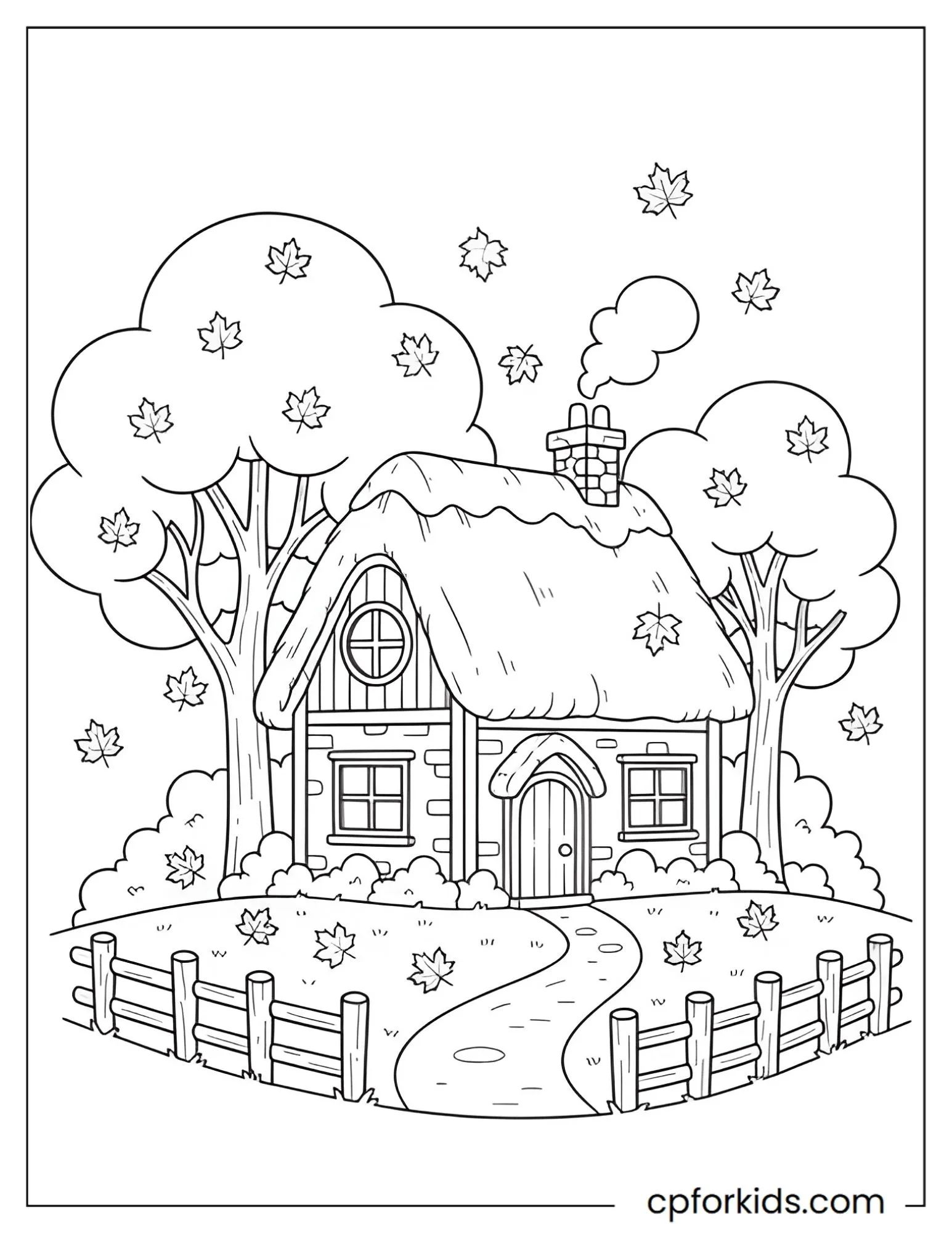 Small cottage on a hillside with falling autumn leaves
