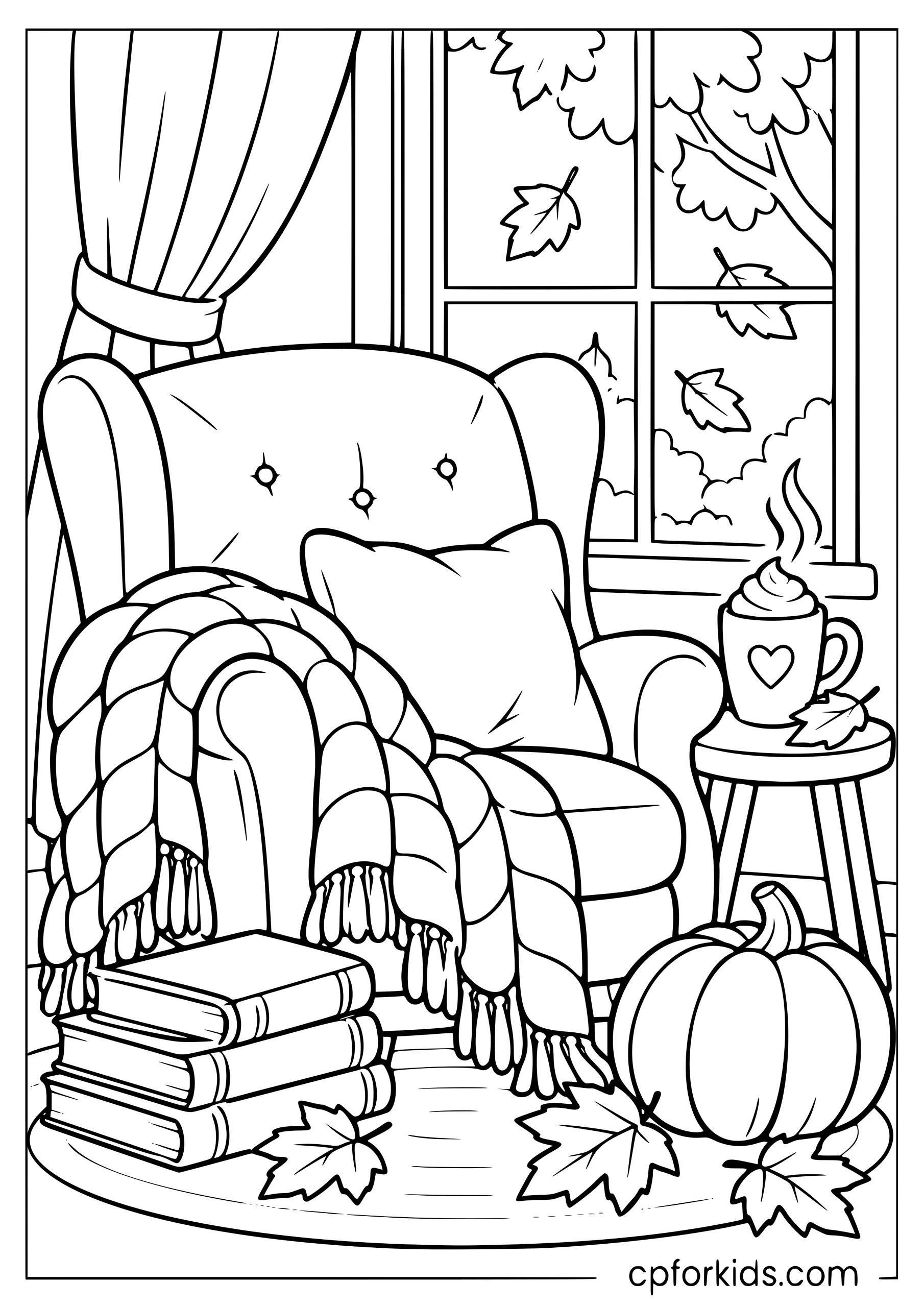 Armchair with books, blanket, pumpkin, and a drink