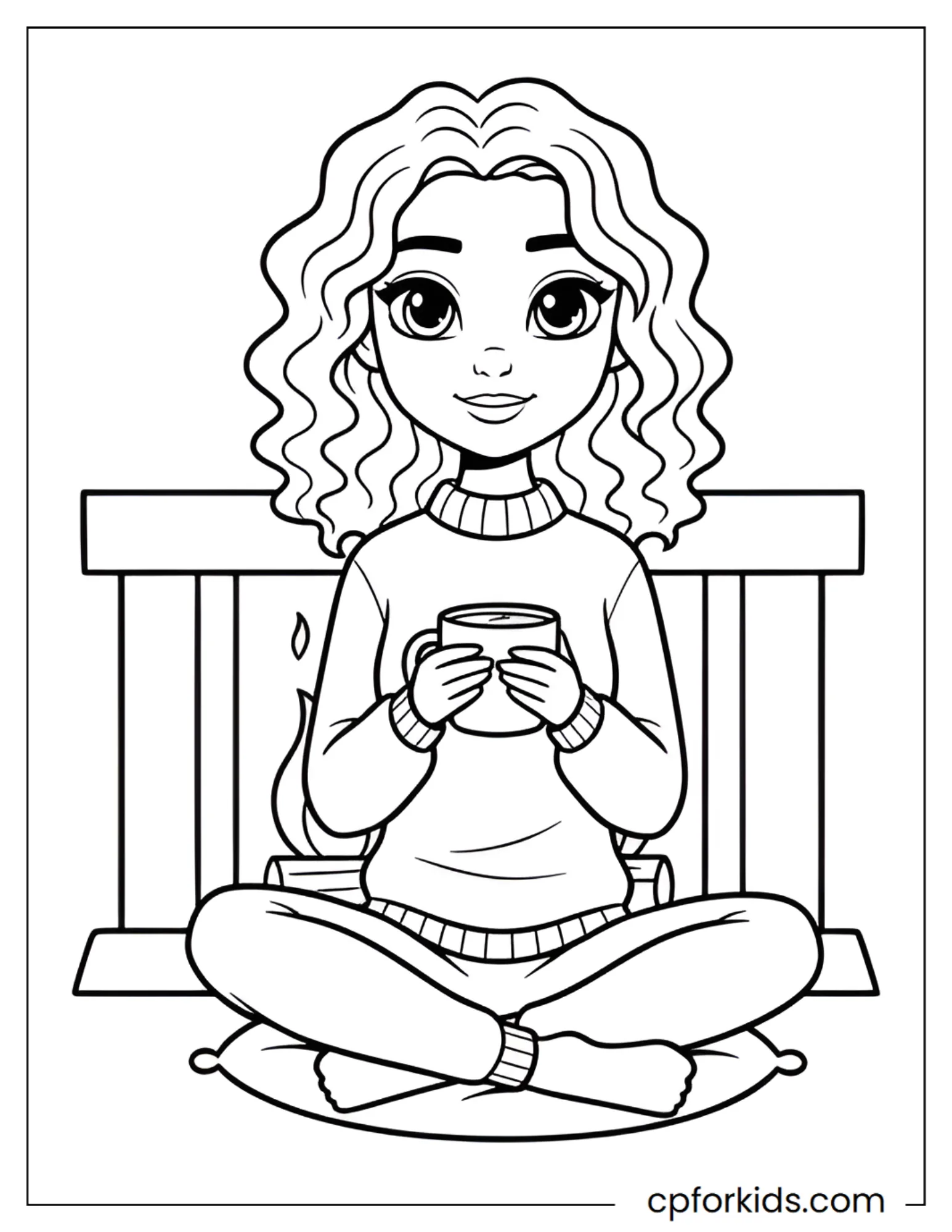 Curly hair princess sitting cross-legged with a warm drink