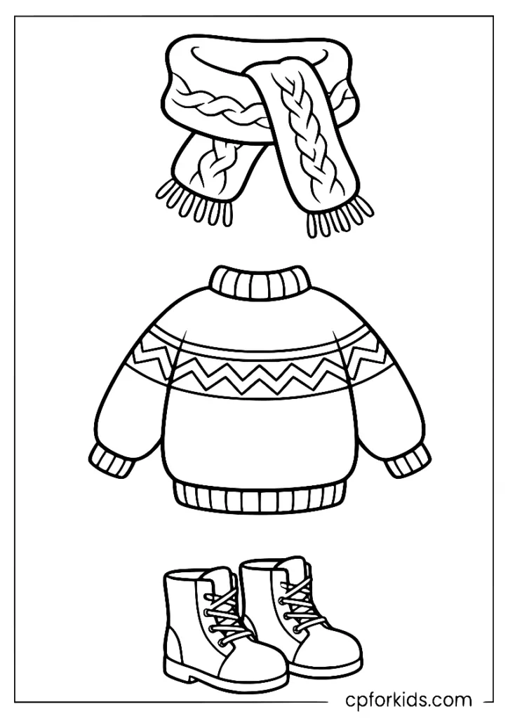 Sweater, scarf, and boots, cozy fall outfit September coloring page printable
