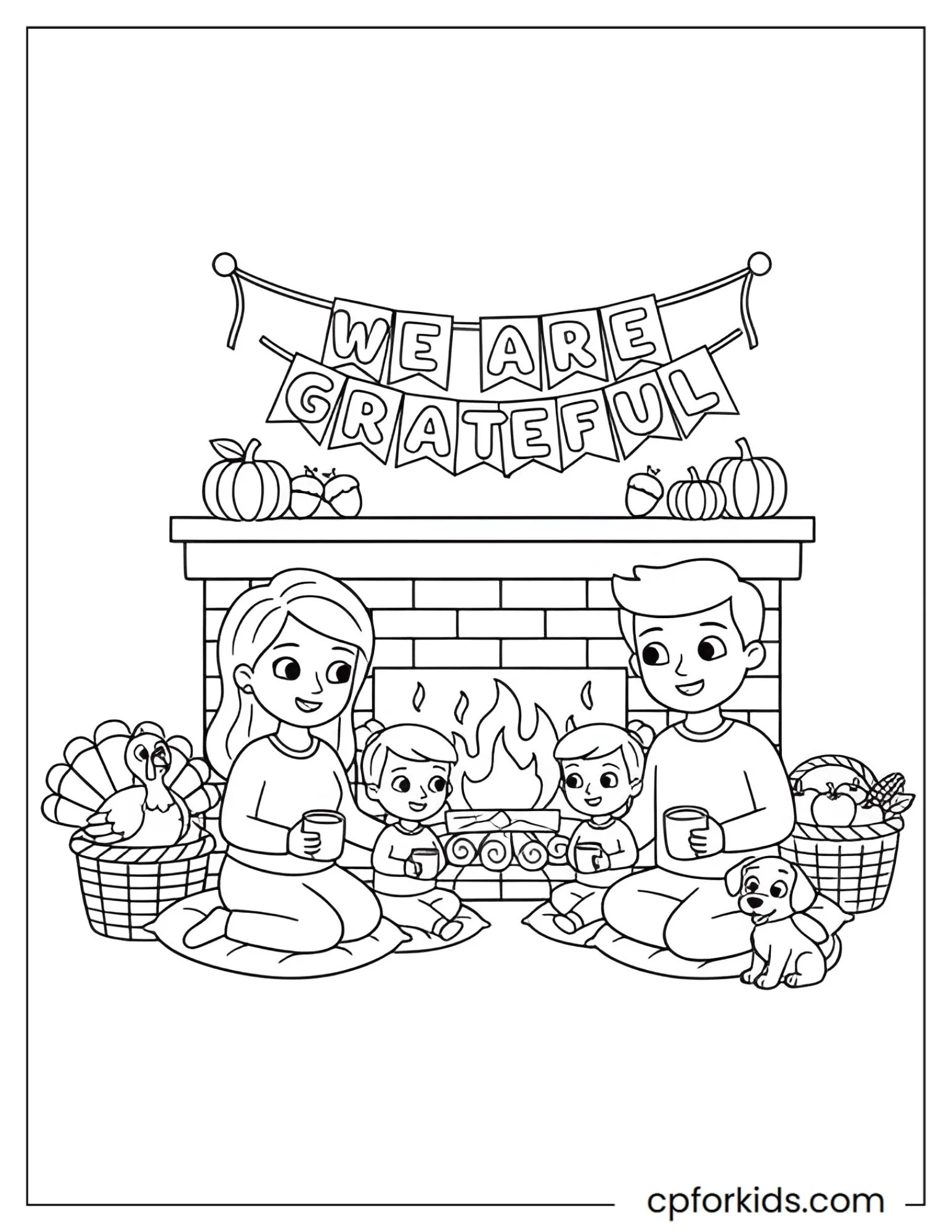 Children sitting beside a fireplace beneath a grateful banner